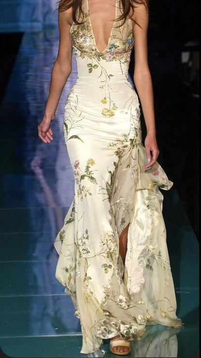 Spring Floral Halter Prom Dresses Embroidery Mermaid Evening Party Dress,AST2251