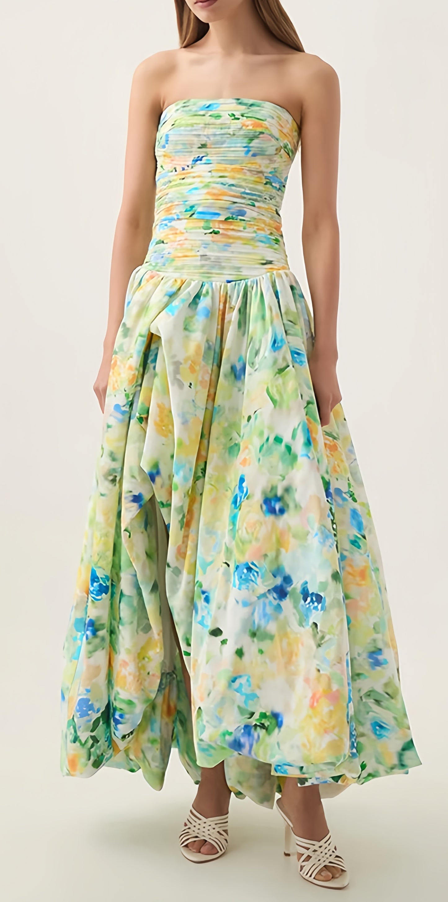 Spring Floral Strapless Prom Dresses Pleated Split Evening Party Gown,AST2271