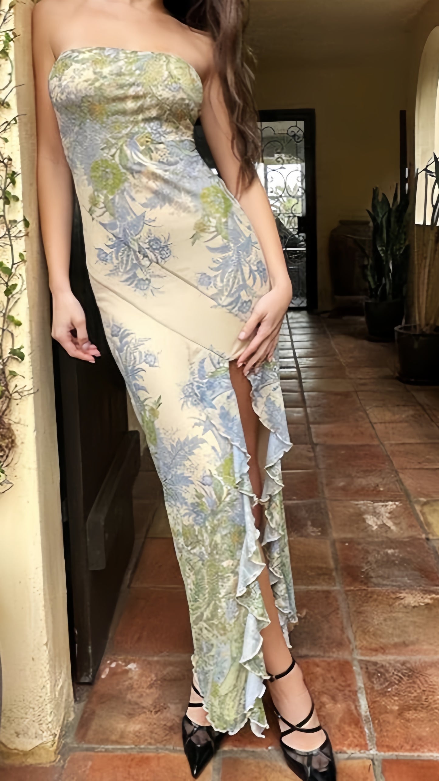 Spring Floral Strapless Prom Dresses Sheath Bodycon Party Evening Dress,AST2057