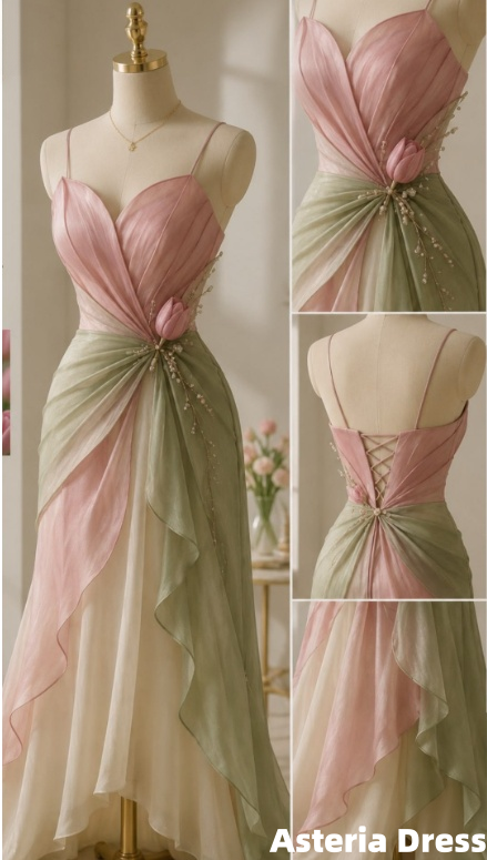 Spring Tulip Green Pink Chiffon Prom Dresses Spaghetti Straps Formal Gown