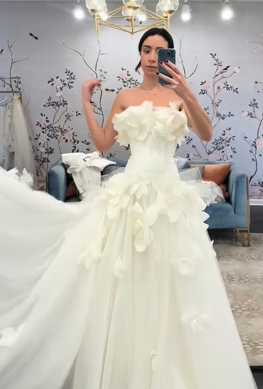 Strapless 3D Floral Wedding Dresses Tulle A-line Bridal Dress, AST1924
