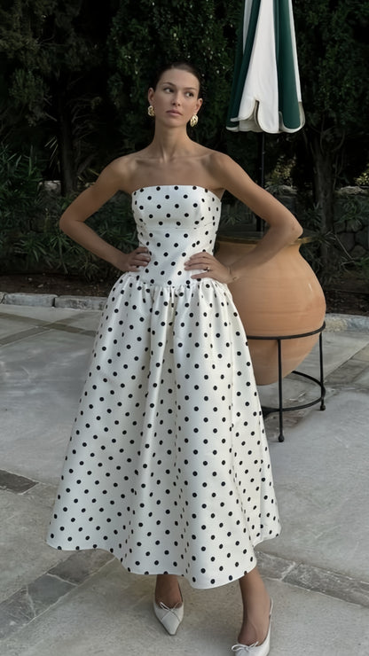 Strapless A-line Dots Party Dress Sleeveless Holiday Dresses,AST1877