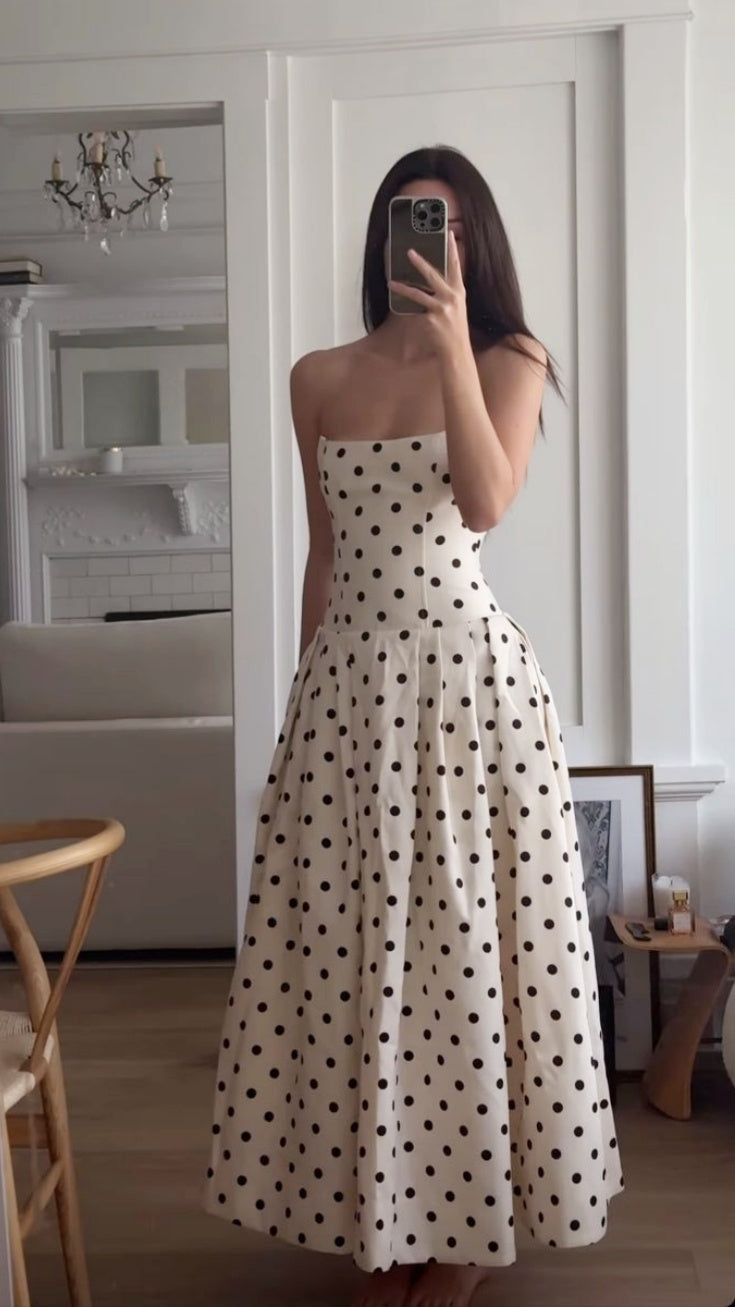 Strapless A-line Senior Prom Dresses Dots Ankle Length Party Dress,AST2161