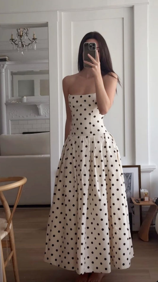 Strapless A-line Senior Prom Dresses Dots Ankle Length Party Dress,AST2161