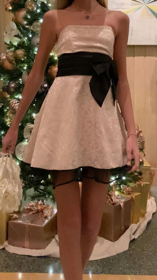 Strapless Floral A-line Homecoming Dresses Champagne Black Mini Hoco Dress,AST1975