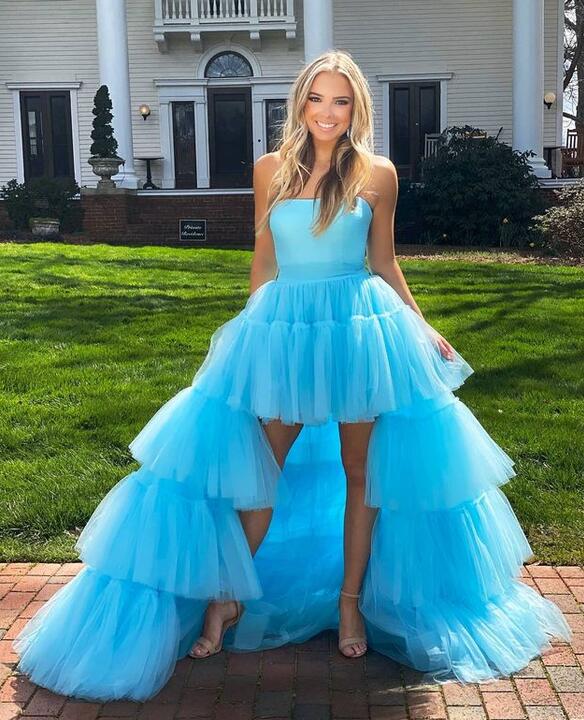 Strapless High Low Sky Blue Tulle Homecoming Prom Dress, AST1019