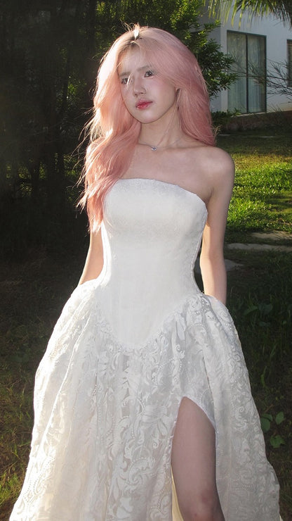 Strapless Ivory Lace Party Dress With Slit, Sleeveless Prom Dresses For Girls,AST2270