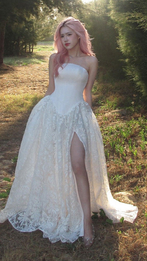 Strapless Ivory Lace Party Dress With Slit, Sleeveless Prom Dresses For Girls,AST2270