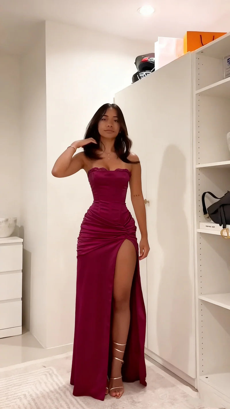 Strapless Lace Pleated Mermaid Prom Dresses Split Party Dress,AST2323