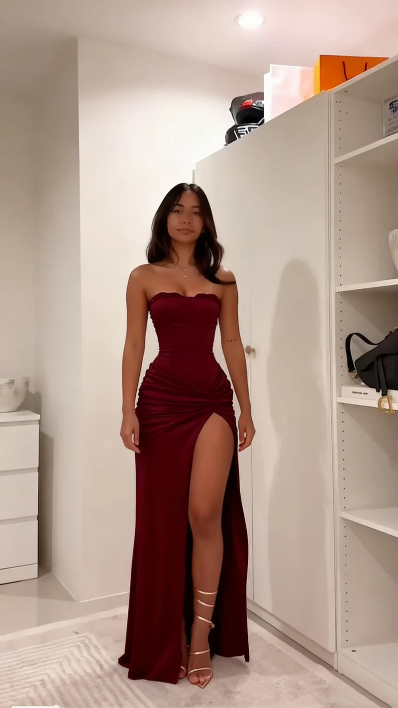 Strapless Lace Pleated Mermaid Prom Dresses Split Party Dress,AST2323