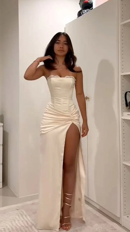 Strapless Lace Pleated Mermaid Prom Dresses Split Party Dress,AST2323