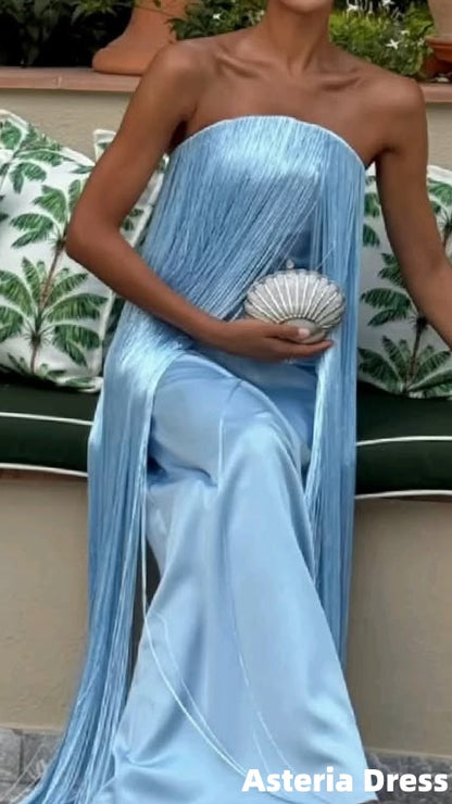 Strapless Light Blue Tassels Sheath Long Prom Dresses