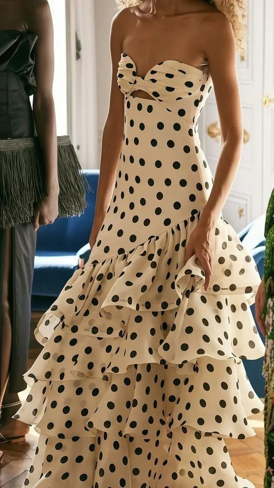 Strapless Mermaid Long Prom Dresses Dots Ruffle Sleeveless Party Dress,AST1874