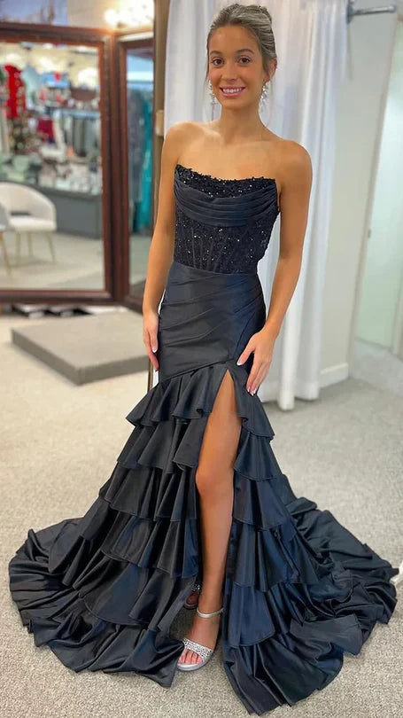 Strapless Mermaid Ruffle Prom Dresses Appliques Pleated Evening Party Dress,AST2208