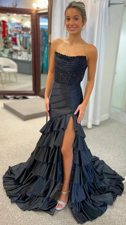 Strapless Mermaid Ruffle Prom Dresses Appliques Pleated Evening Party Dress,AST2208