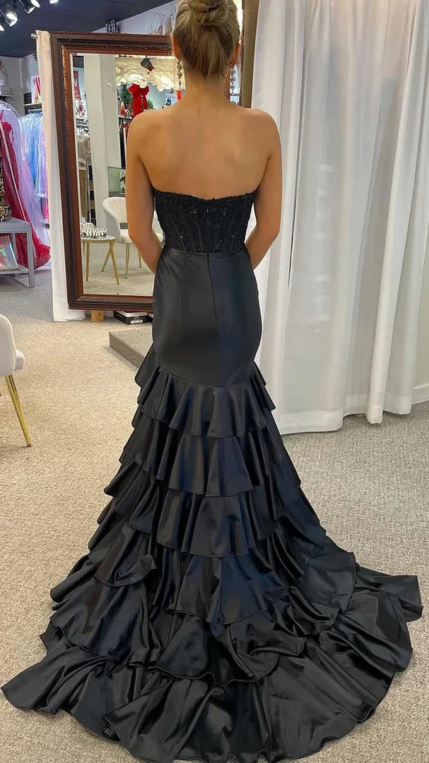 Strapless Mermaid Ruffle Prom Dresses Appliques Pleated Evening Party Dress,AST2208