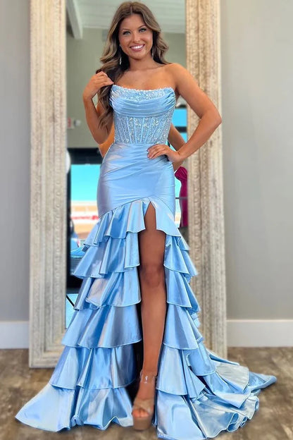 Strapless Mermaid Ruffle Prom Dresses Appliques Pleated Evening Party Dress,AST2208