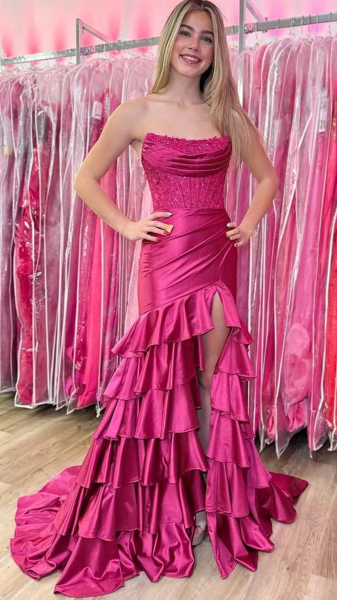 Strapless Mermaid Ruffle Prom Dresses Appliques Pleated Evening Party Dress,AST2208