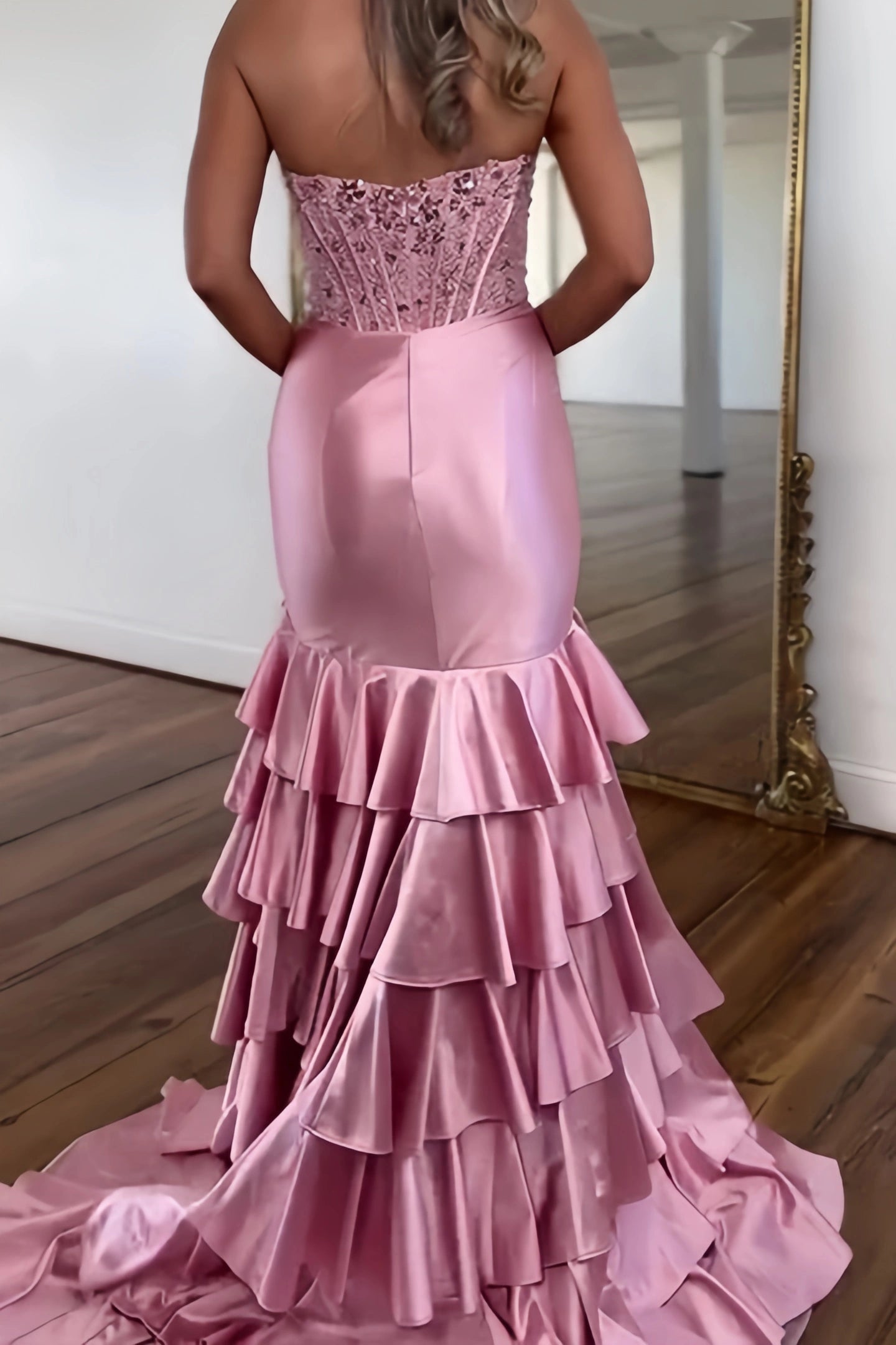 Strapless Mermaid Ruffle Prom Dresses Appliques Pleated Evening Party Dress,AST2208