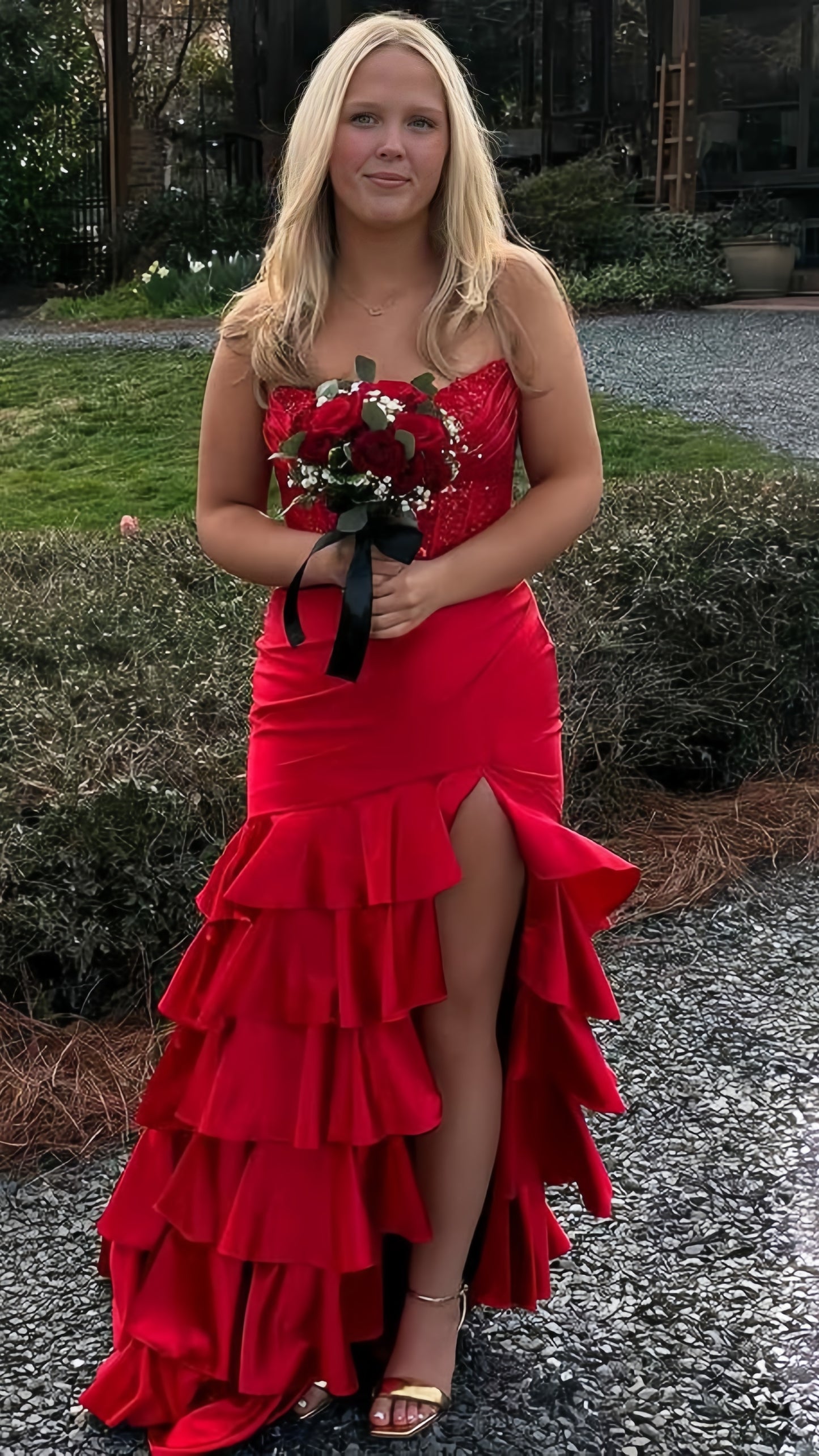 Strapless Mermaid Ruffle Prom Dresses Appliques Pleated Evening Party Dress,AST2208