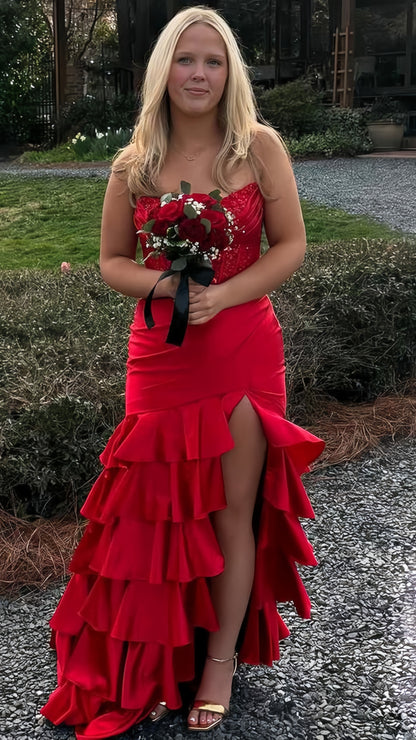 Strapless Mermaid Ruffle Prom Dresses Appliques Pleated Evening Party Dress,AST2208