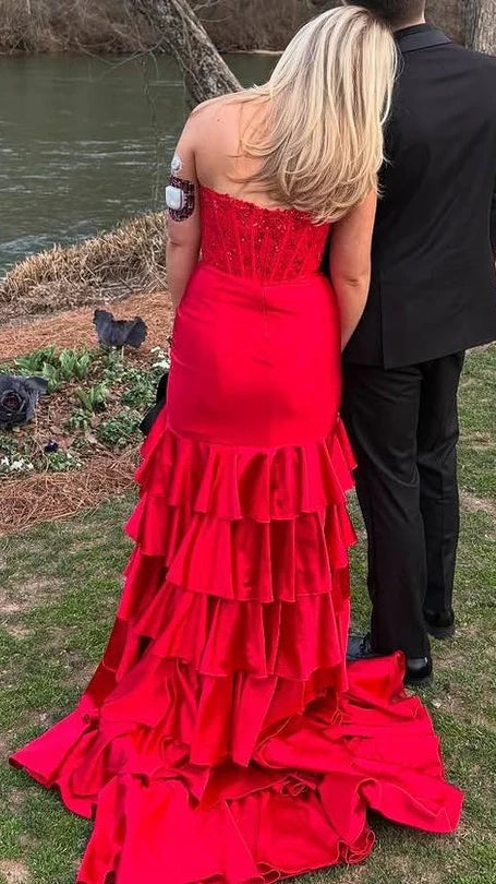 Strapless Mermaid Ruffle Prom Dresses Appliques Pleated Evening Party Dress,AST2208