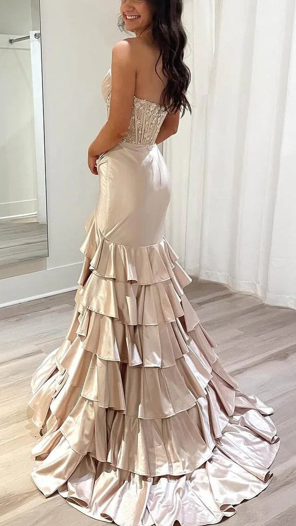 Strapless Mermaid Ruffle Prom Dresses Appliques Pleated Evening Party Dress,AST2208