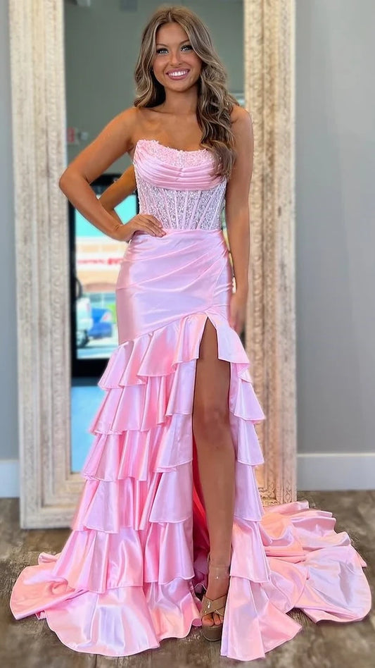 Strapless Mermaid Ruffle Prom Dresses Appliques Pleated Evening Party Dress,AST2208