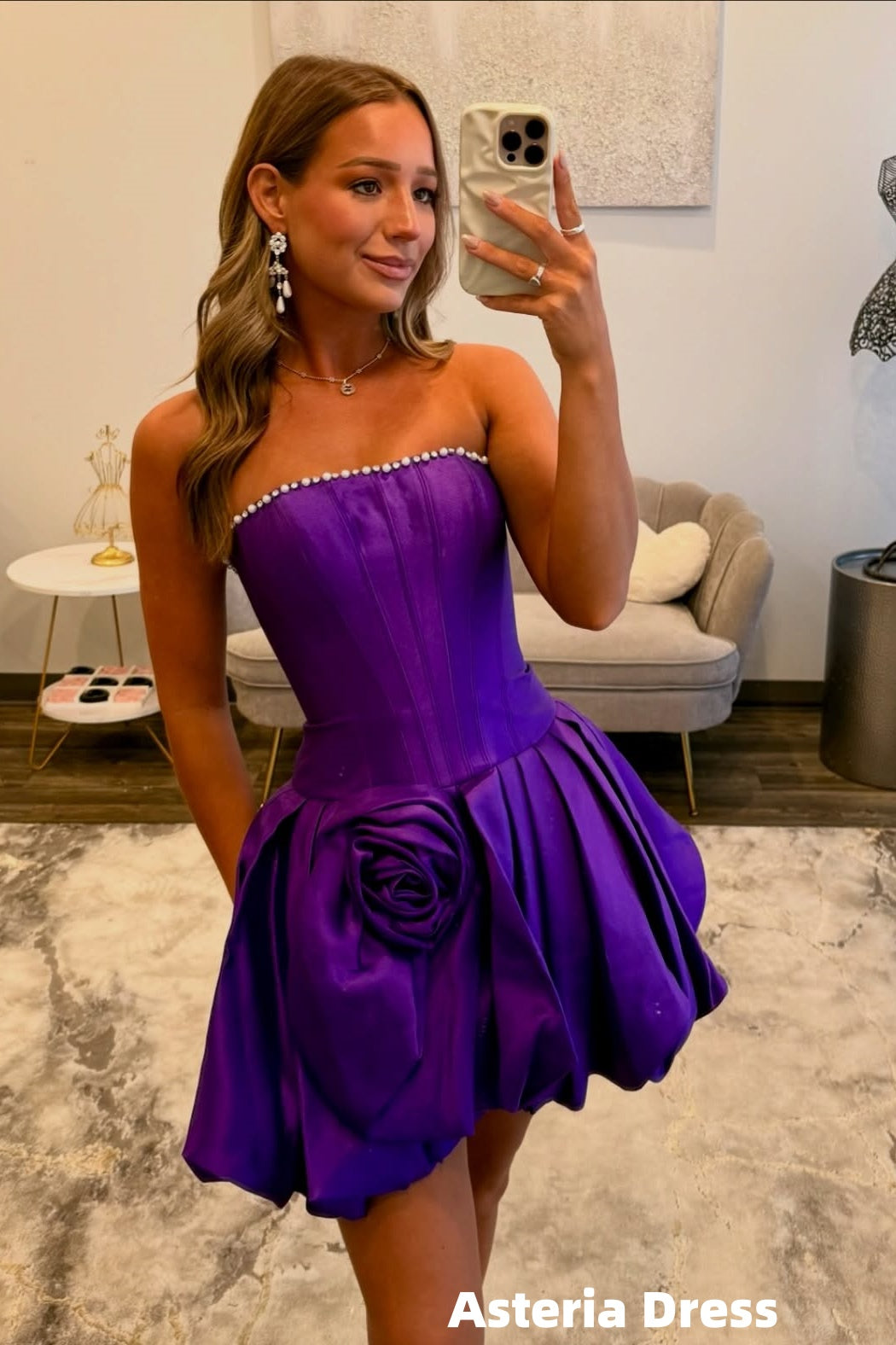 Strapless Pearl Beaded Floral Homecoming Dresses Short Party Gown