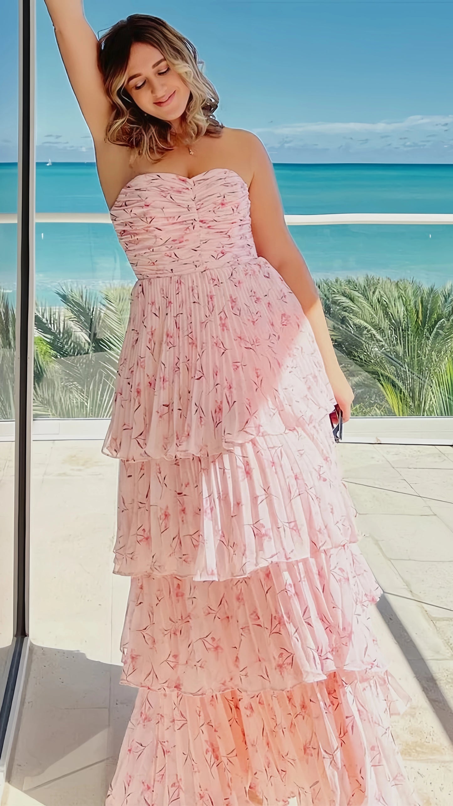 Strapless Pink Ruffle Long Prom Dress, AST1583