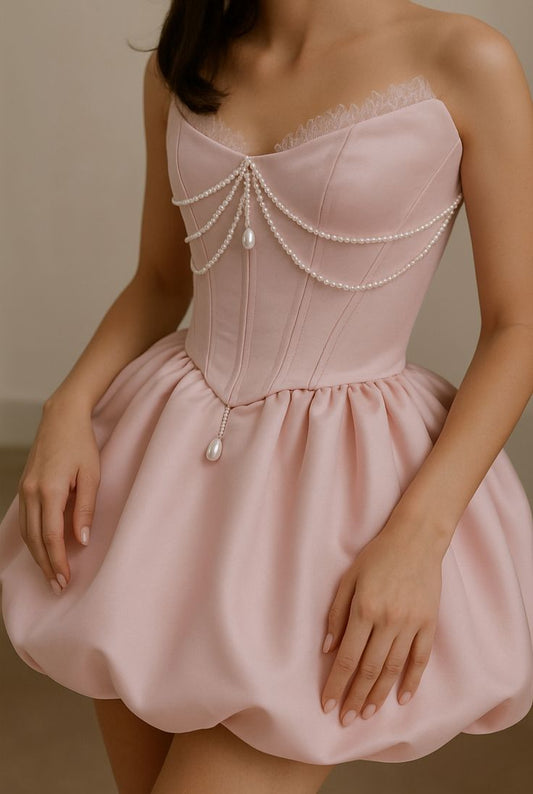 Strapless Pink Satin Homecoming Dresses Sweet Pearl Beaded Hoco Party Dress,AST1969