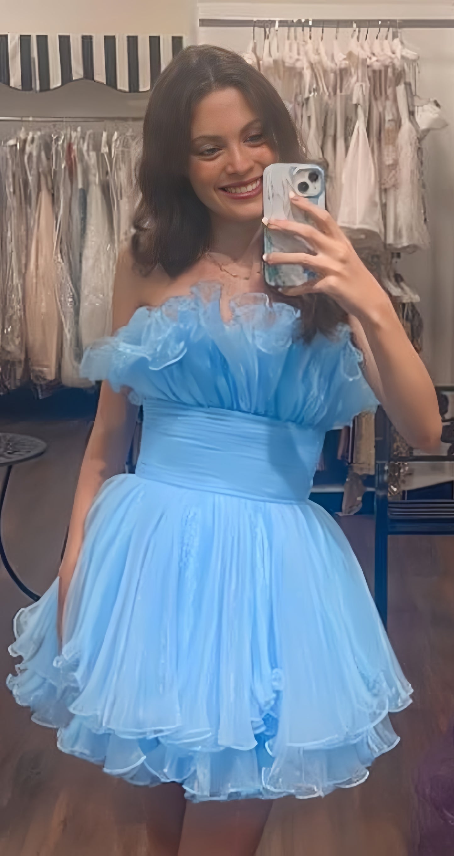 Strapless Sky Blue Organza Homecoming Dress Ruffle Celebration Dress,AST1905