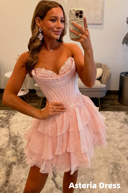Strapless Soft Pink Floral Lace Chiffon Ruffle Short Homecoming Dress