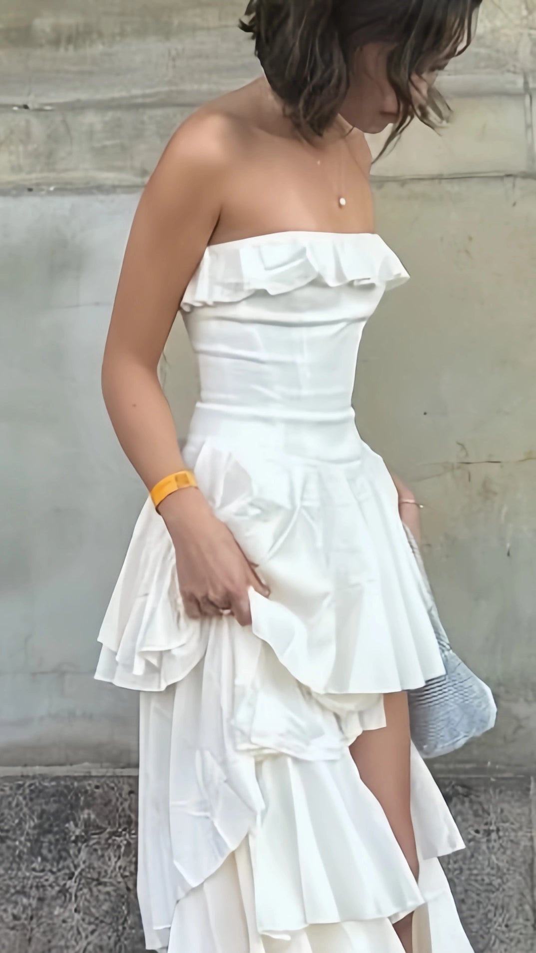 Strapless White Prom Dresses Ruffle Evening Party Dress,AST2224