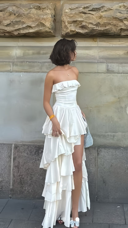 Strapless White Prom Dresses Ruffle Evening Party Dress,AST2224