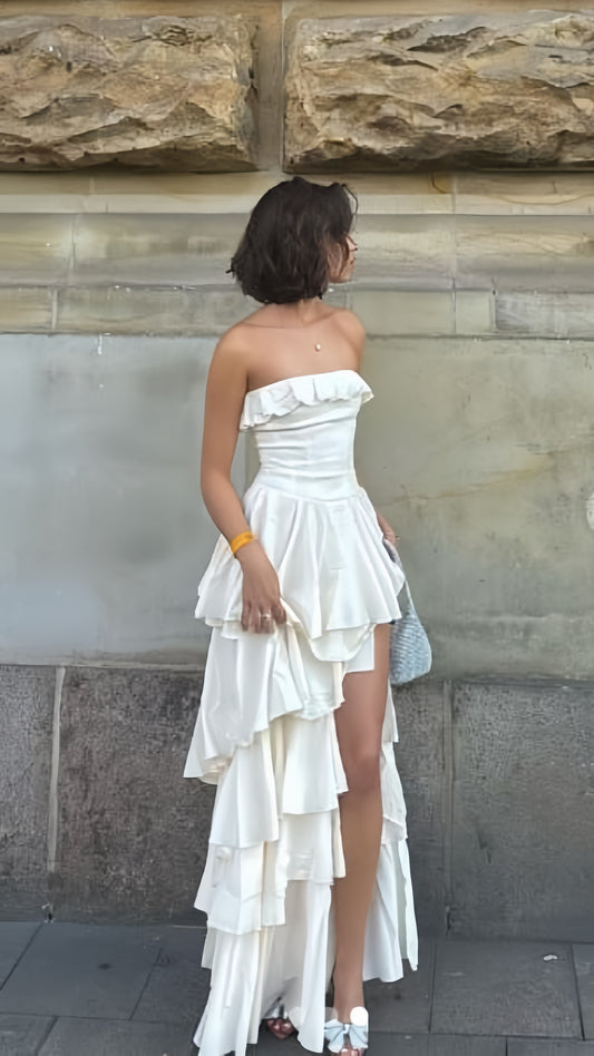 Strapless White Prom Dresses Ruffle Evening Party Dress,AST2224