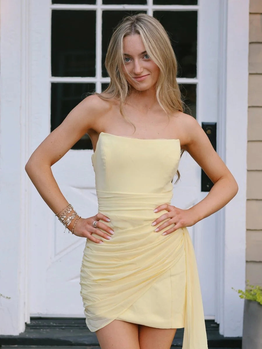 Strapless Bodycon Homecoming Dresses With Drape Chiffon,AST2070