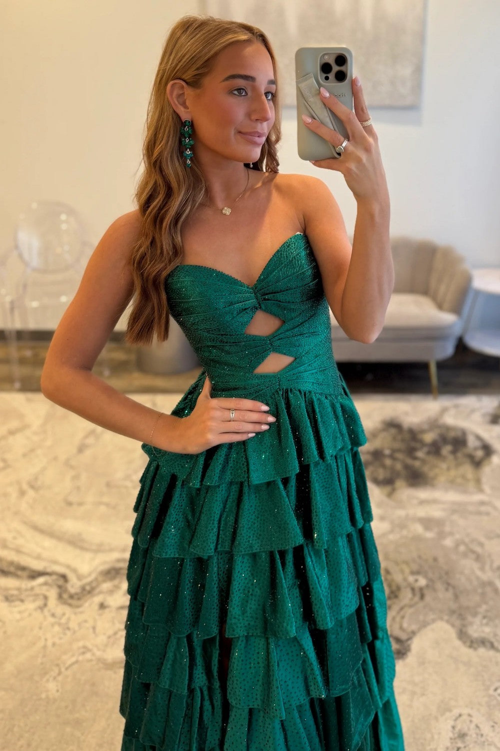 Strapless Hot A-Line Prom Dress with Keyhole Bodice Ruffle Skirt Slit and Lace Up Back