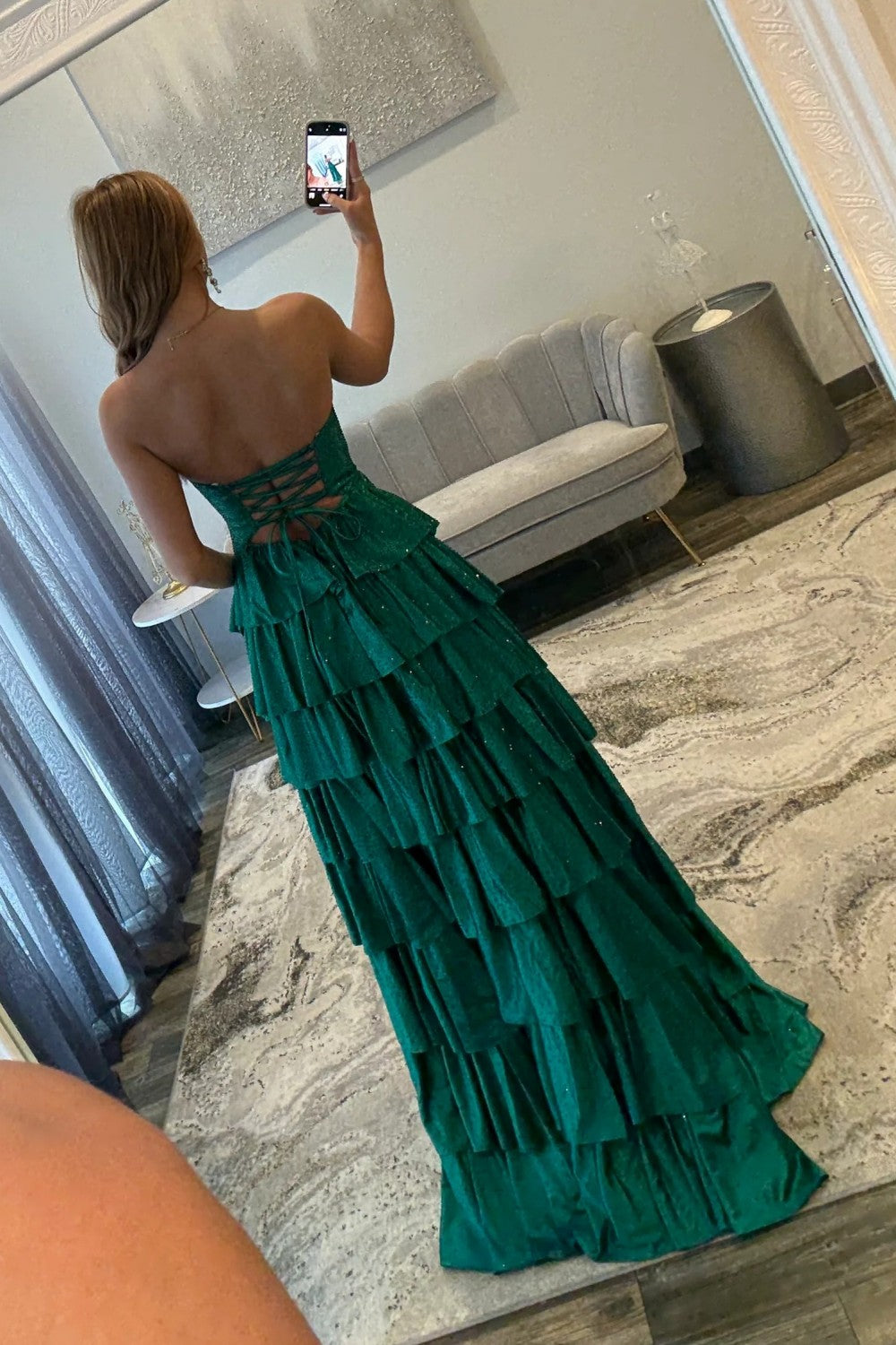 Strapless Hot A-Line Prom Dress with Keyhole Bodice Ruffle Skirt Slit and Lace Up Back