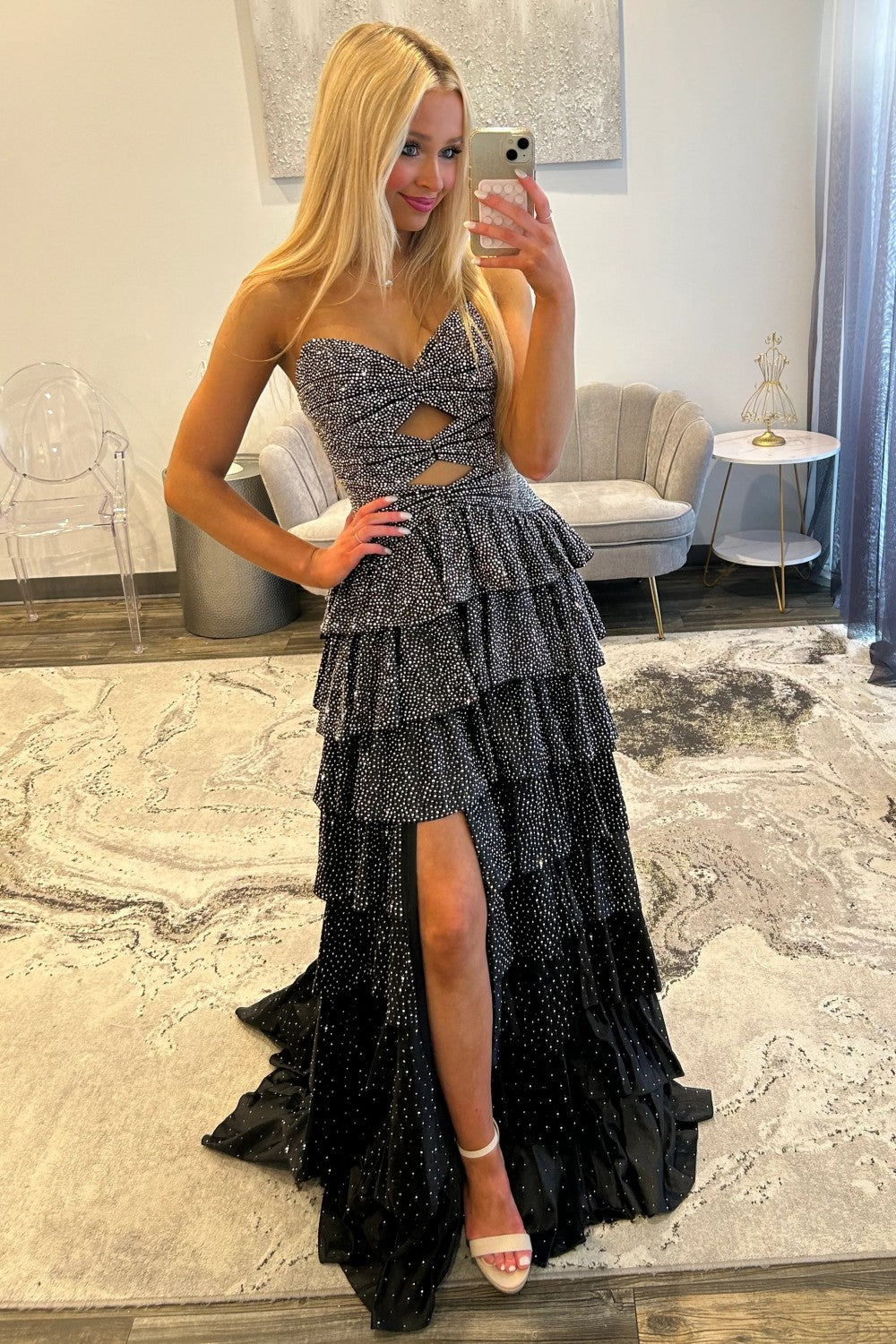 Strapless Hot A-Line Prom Dress with Keyhole Bodice Ruffle Skirt Slit and Lace Up Back