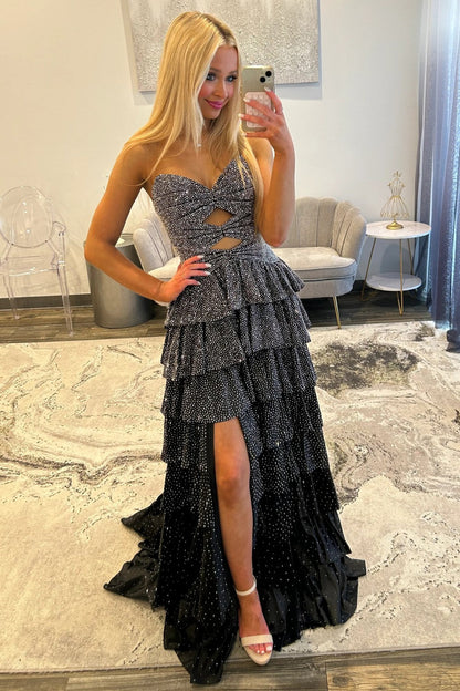 Strapless Hot A-Line Prom Dress with Keyhole Bodice Ruffle Skirt Slit and Lace Up Back