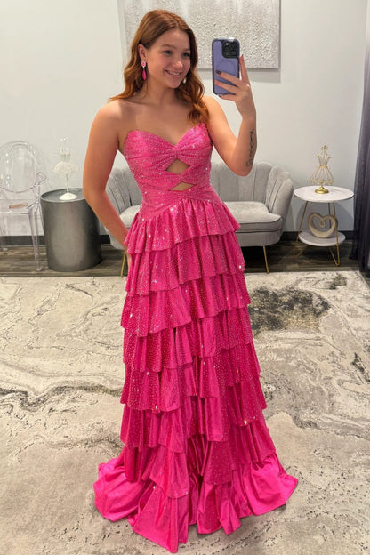 Strapless Hot A-Line Prom Dress with Keyhole Bodice Ruffle Skirt Slit and Lace Up Back