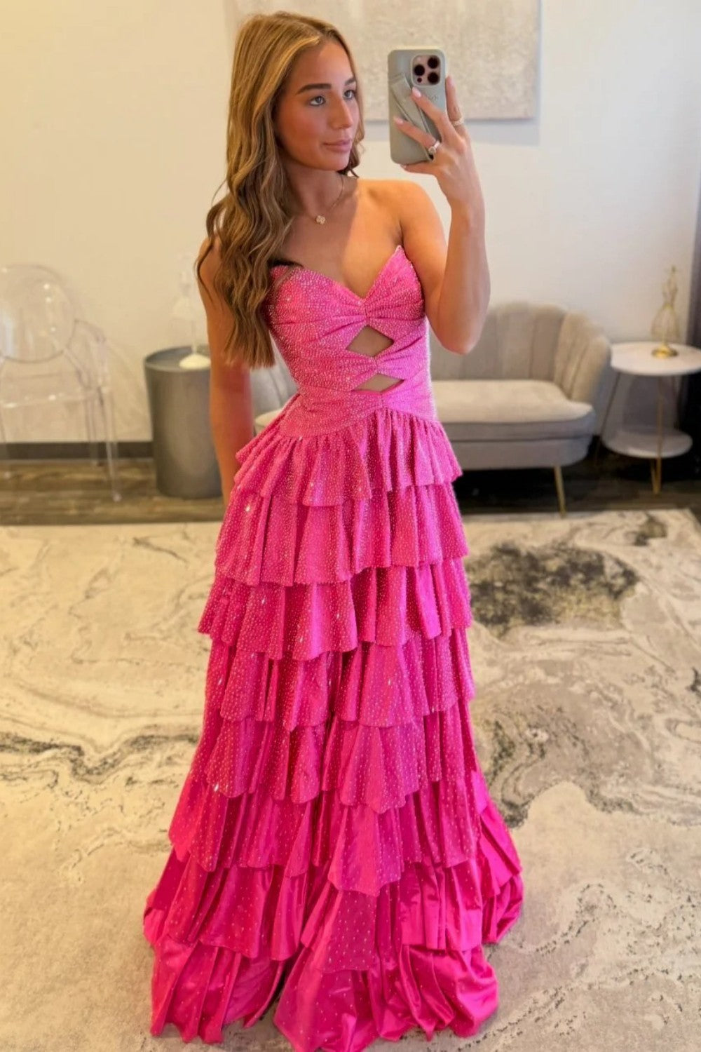Strapless Hot A-Line Prom Dress with Keyhole Bodice Ruffle Skirt Slit and Lace Up Back