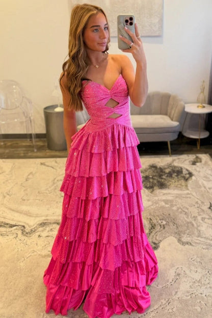 Strapless Hot A-Line Prom Dress with Keyhole Bodice Ruffle Skirt Slit and Lace Up Back