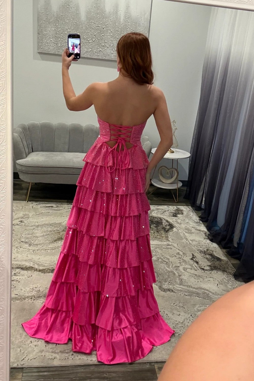 Strapless Hot A-Line Prom Dress with Keyhole Bodice Ruffle Skirt Slit and Lace Up Back