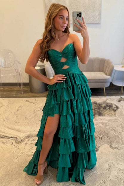Strapless Hot A-Line Prom Dress with Keyhole Bodice Ruffle Skirt Slit and Lace Up Back