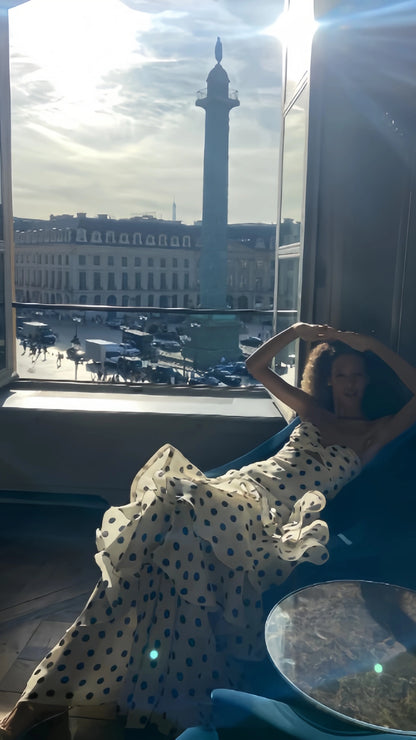 Strapless Mermaid Long Prom Dresses Dots Ruffle Sleeveless Party Dress,AST1874