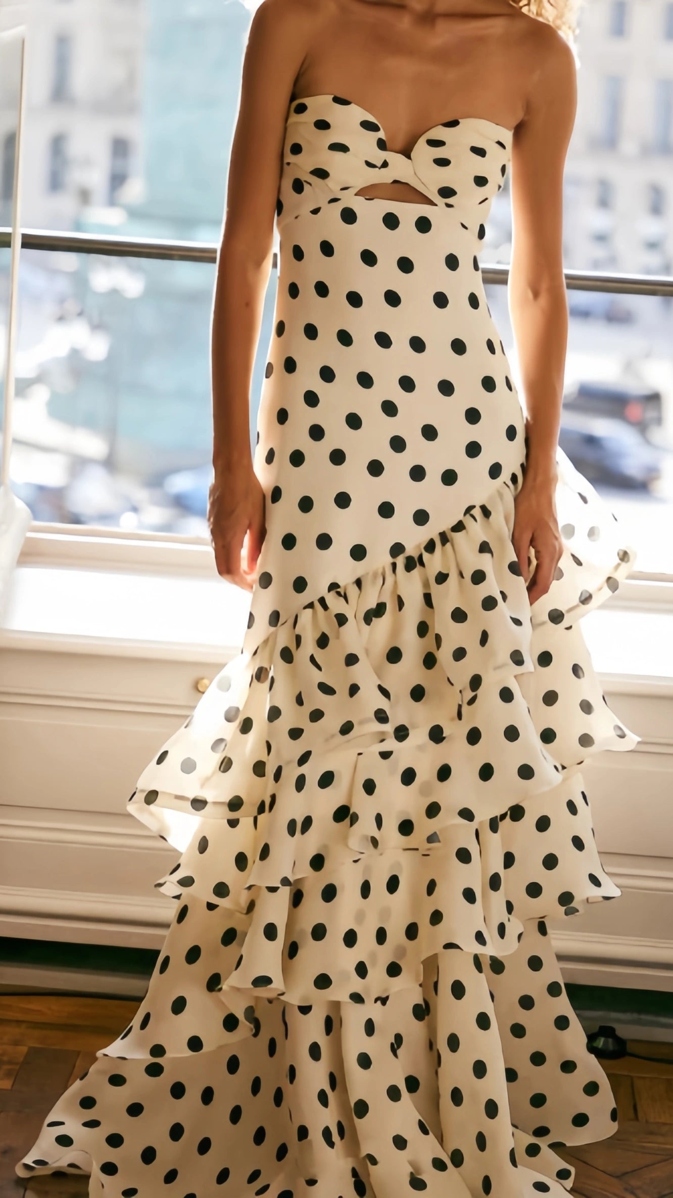 Strapless Mermaid Long Prom Dresses Dots Ruffle Sleeveless Party Dress,AST1874