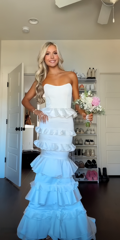 Strapless Mermaid Ruffle Long Prom Dresses Full Length Evening Party Dress,AST2091