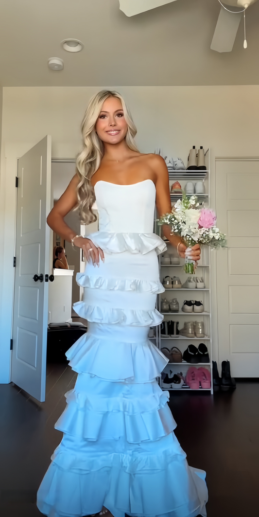 Strapless Mermaid Ruffle Long Prom Dresses Full Length Evening Party Dress,AST2091